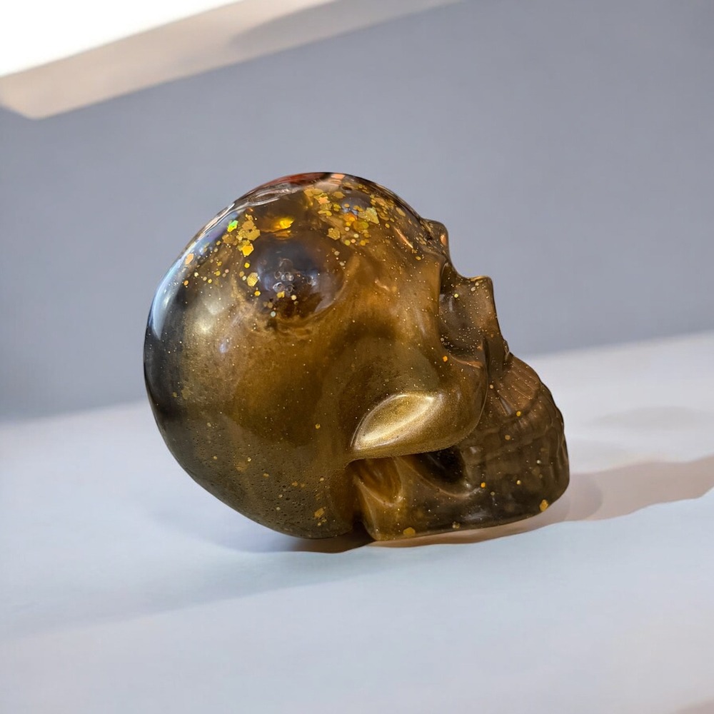 Resin Human Skull- Gold, Black, Marble for Brains - Picture 2 of 13